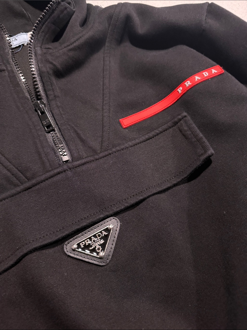 Prada Kids Quarter-zip Black Hoodie with Red Stripe Detail - Picture 3 of 5